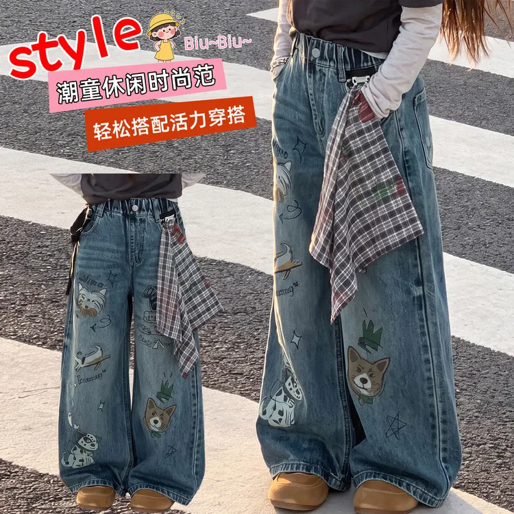 autumn 4 10 12 14 teenager girls graffiti jeans junior kids cartoon dogdenim wide leg pants clothes children trousers clothing