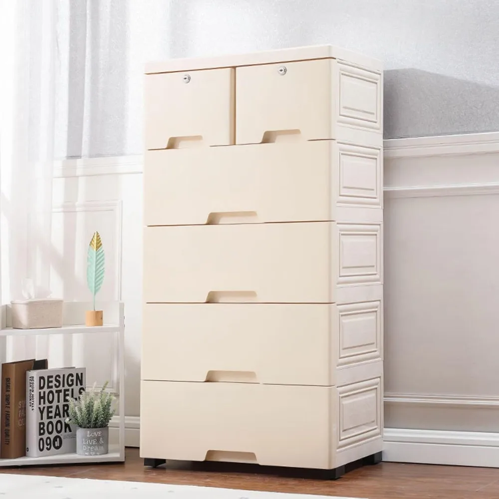 

6 Drawers Dresser with Wheels and Locks, 5-Tier Storage Cabinet with Drawers, Dresser Storage Tower for Bedroom Living Room