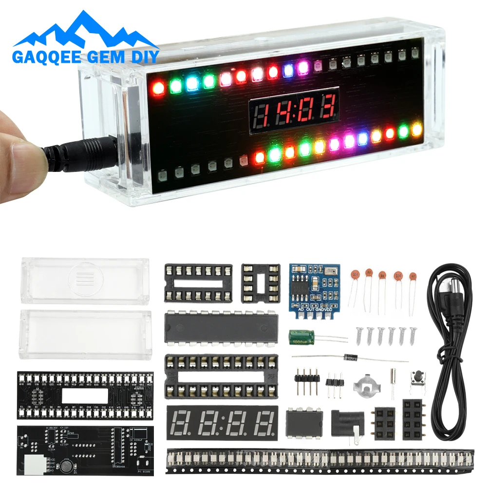 DC5V RGB Spectrum Light Sound Control Pickup Rhythm Light Digital Clock Electronic DIY Kit Soldering Practice Module