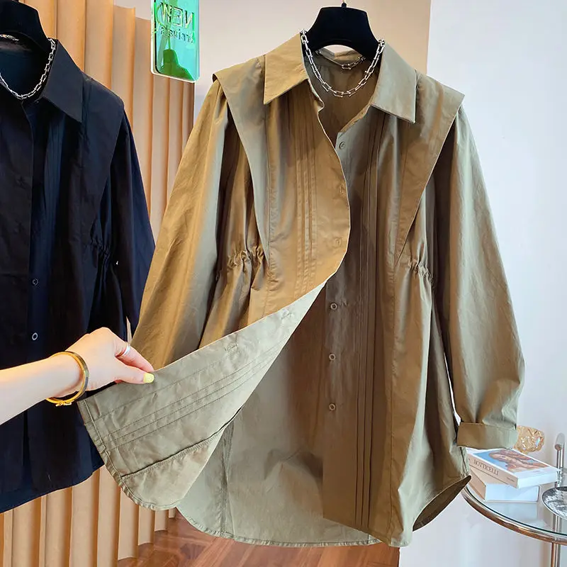 Streetwear Solid Color Loose Blouse Women Autumn Korean Style Turn-down Collar Single-breasted Shirt Temperament Top