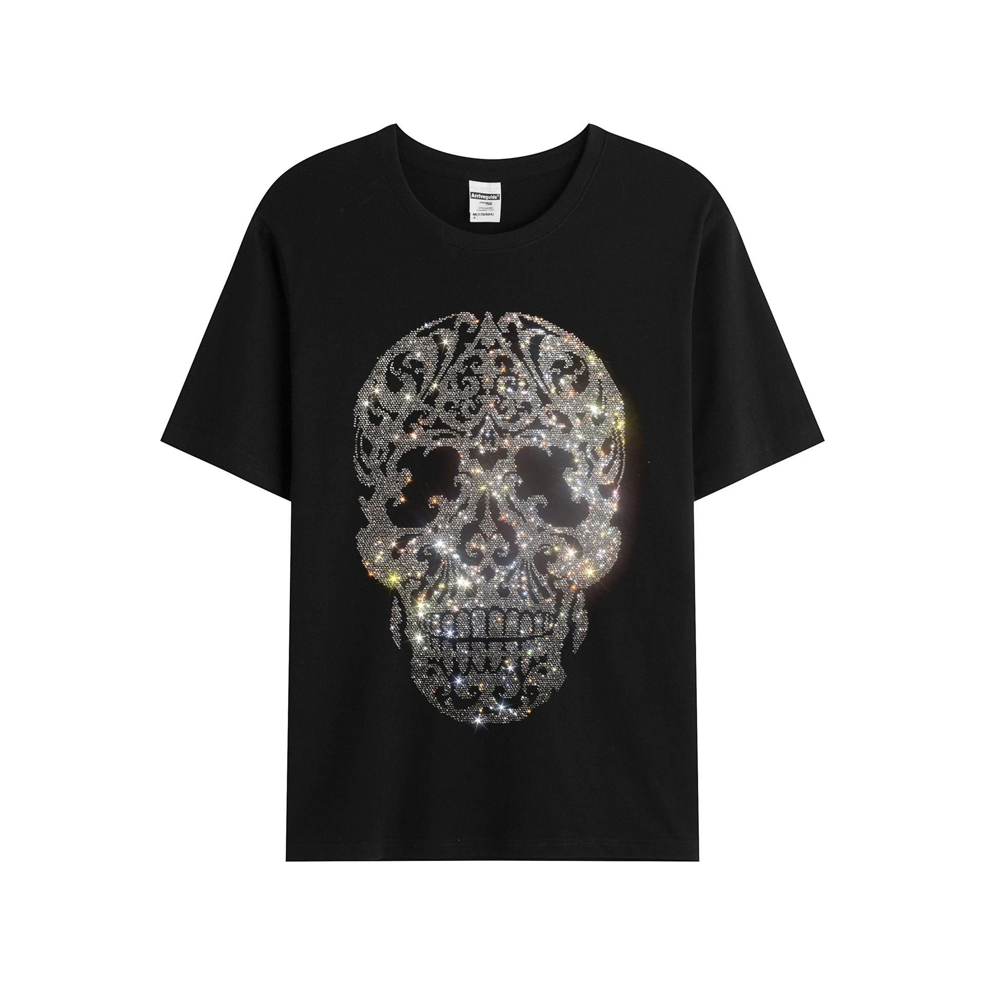 Shiny rhinestone creative skull men\'s summer short-sleeved T-shirt casual fashion loose cotton high quality T-shirt