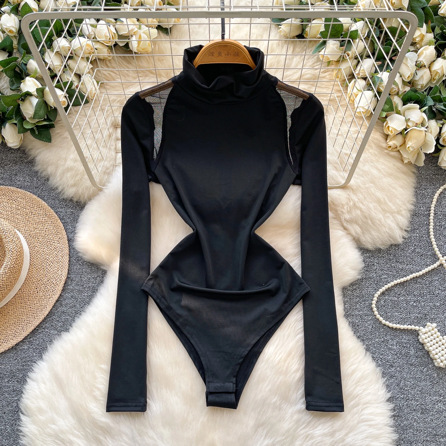 sexy long sleeve mesh Turtleneck Vintage Straps Bodysuits Chic Jumpsuits Top Hotsweet Clothing
