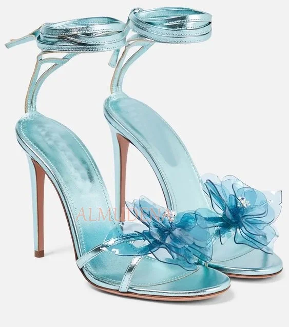 Women 2023 Summer Flower Metallic Leather Sandals Lace up Pvc Jewel Stilettos High Heels Luxury Designer Sexy Party Dress Shoes