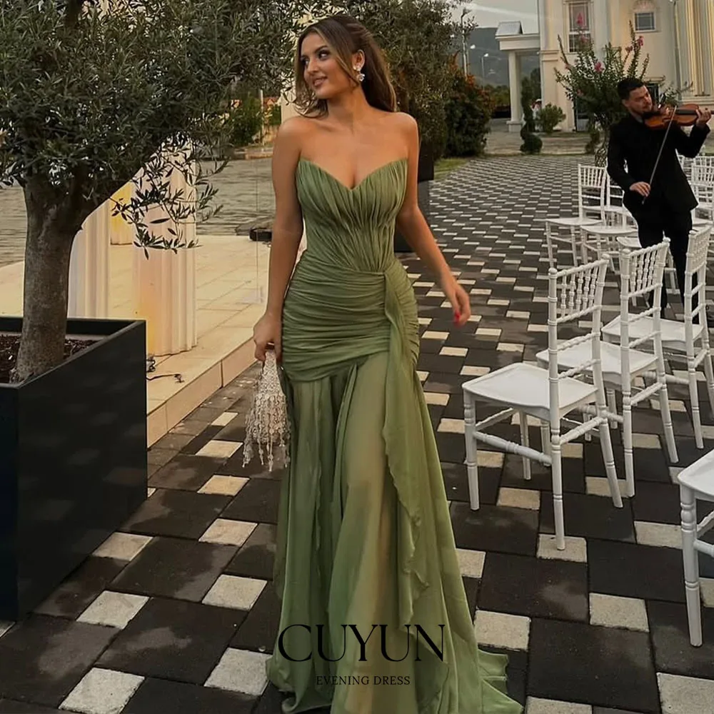 

CUYUN Olive Green Women Evening Dresses Customized A Line Pleated Strapless Chiffon Party Dress for Banquet Formal Occasion Gown