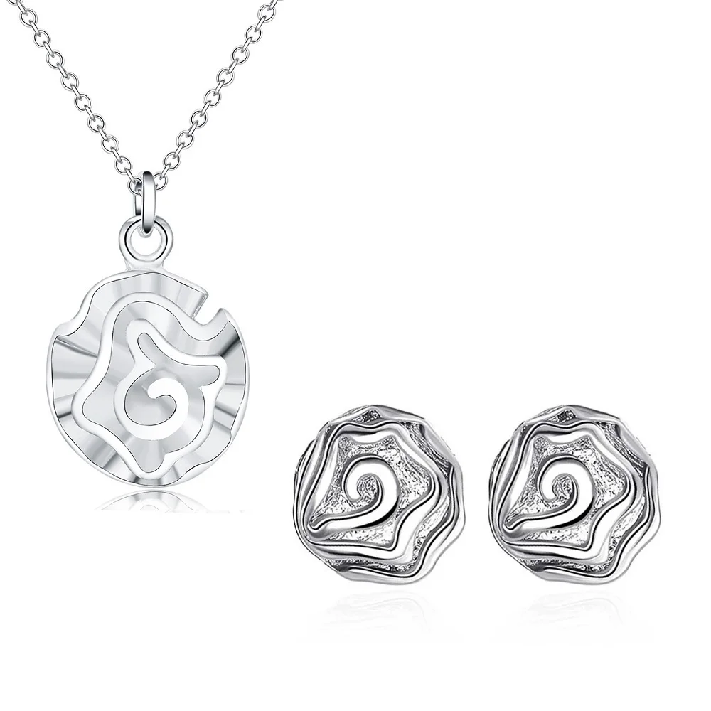 Street fashion 925 Sterling Silver custom rose flower Pendant stud earrings necklace for women wedding Party Jewelry set gifts
