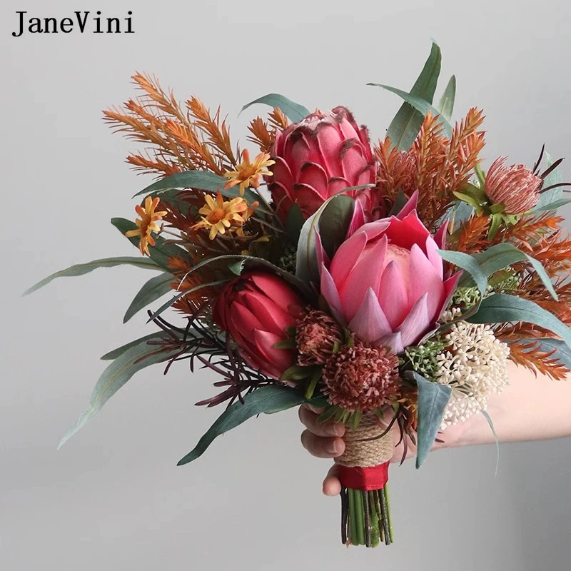 JaneVini New Luxury European Style Bridal Bouquets Fake Protea Flowers Artificial Silk Roses Brides Bouquet Wedding Accessories