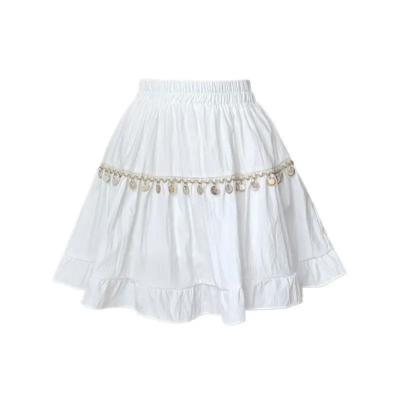 Zoete effen kleur gesplitste ruches kwastje rokken vrouwelijke kleding 2025, zomer nieuwe losse elastische hoge taille preppy stijl rokken