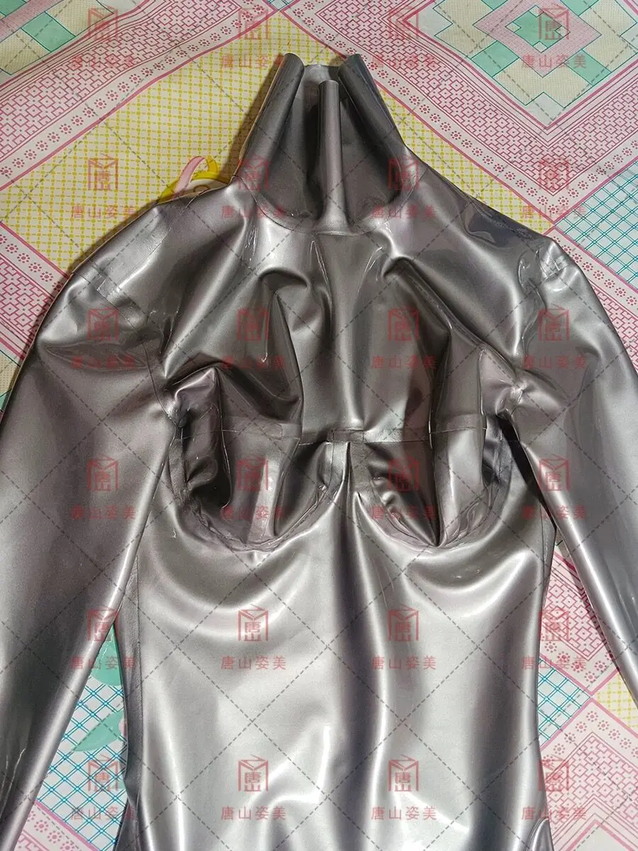 Sliver latex catsuit 3d breast cut handmade glue gloves no zip neck entry 0.4mm