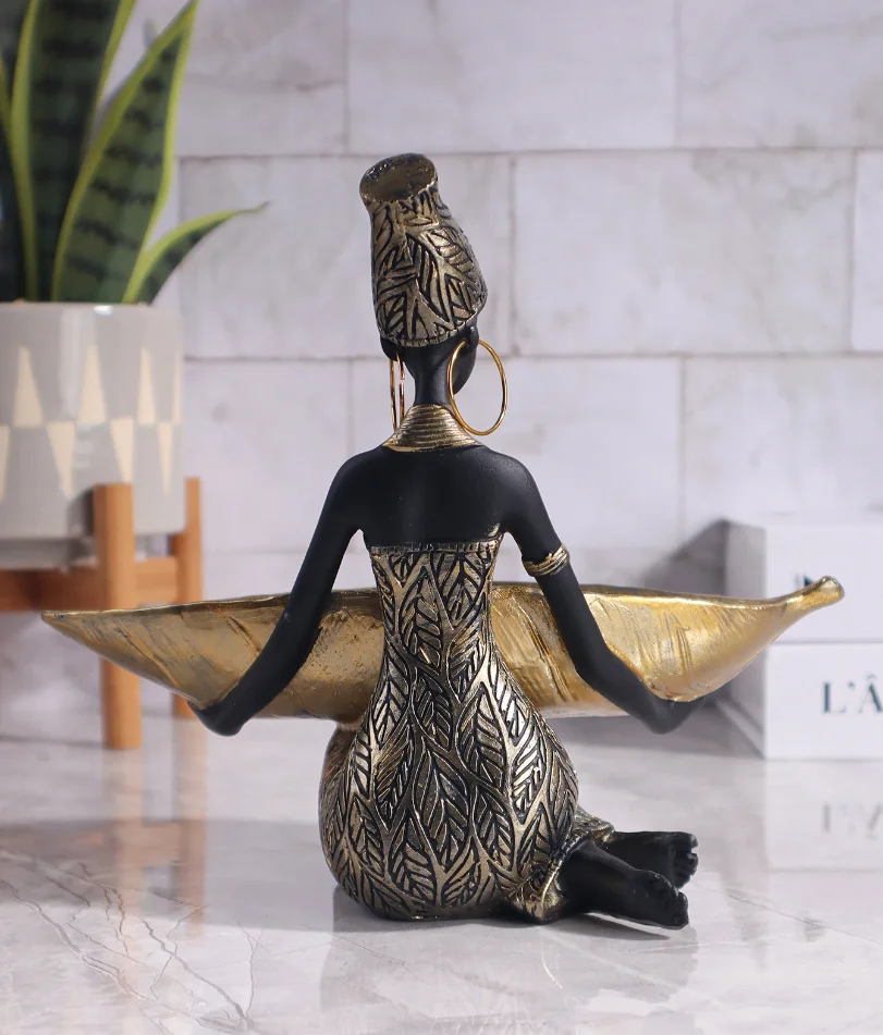 African Girl Holding a Plate Sculpture, Home and Office Decorative Storage Ornament