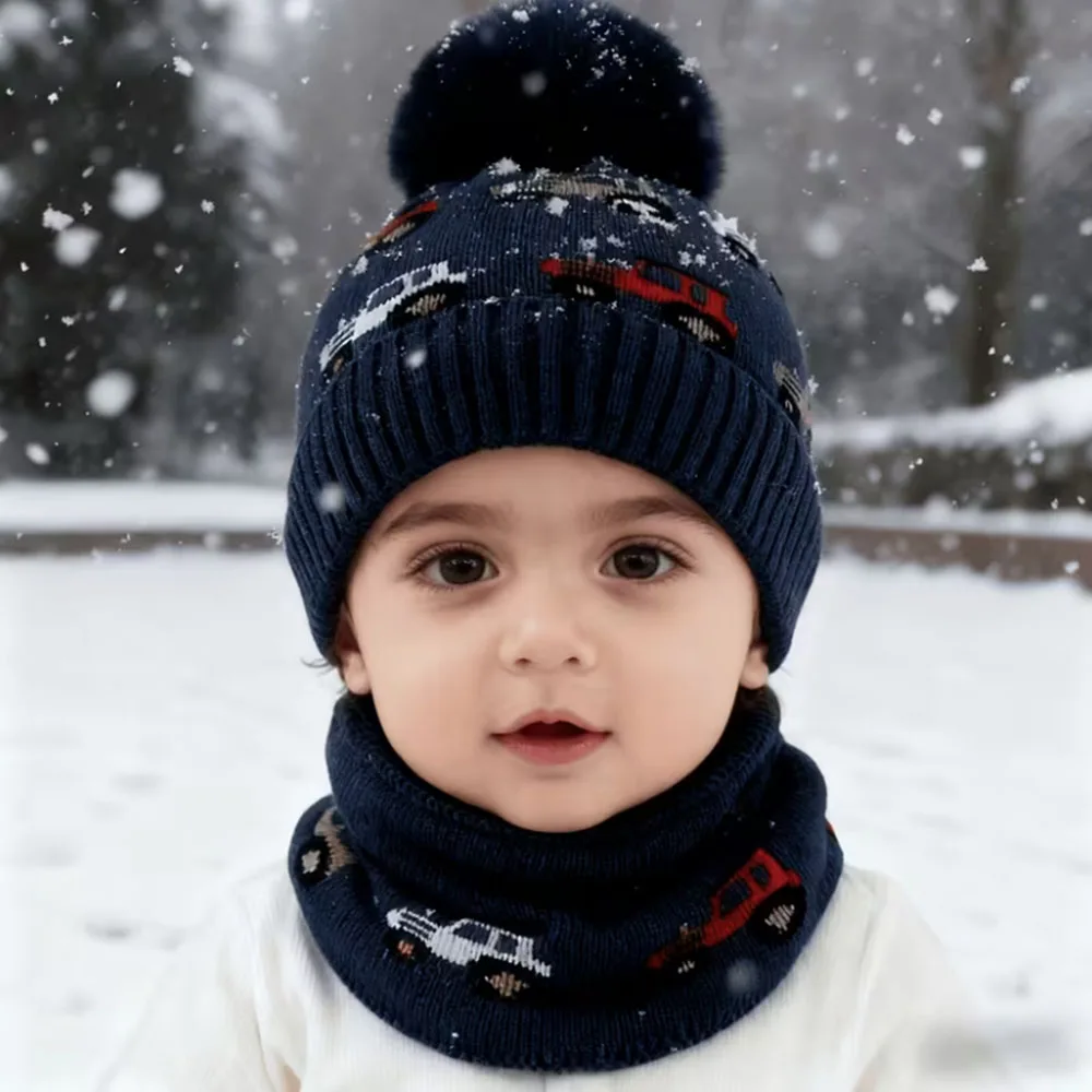 Зимняя теплая шапка и шарф для мальчиков от 3 до 8 лет с рисунком грузовика и автомобиля — толстая вязаная Балаклава и шапочка, мягкая, эластичная