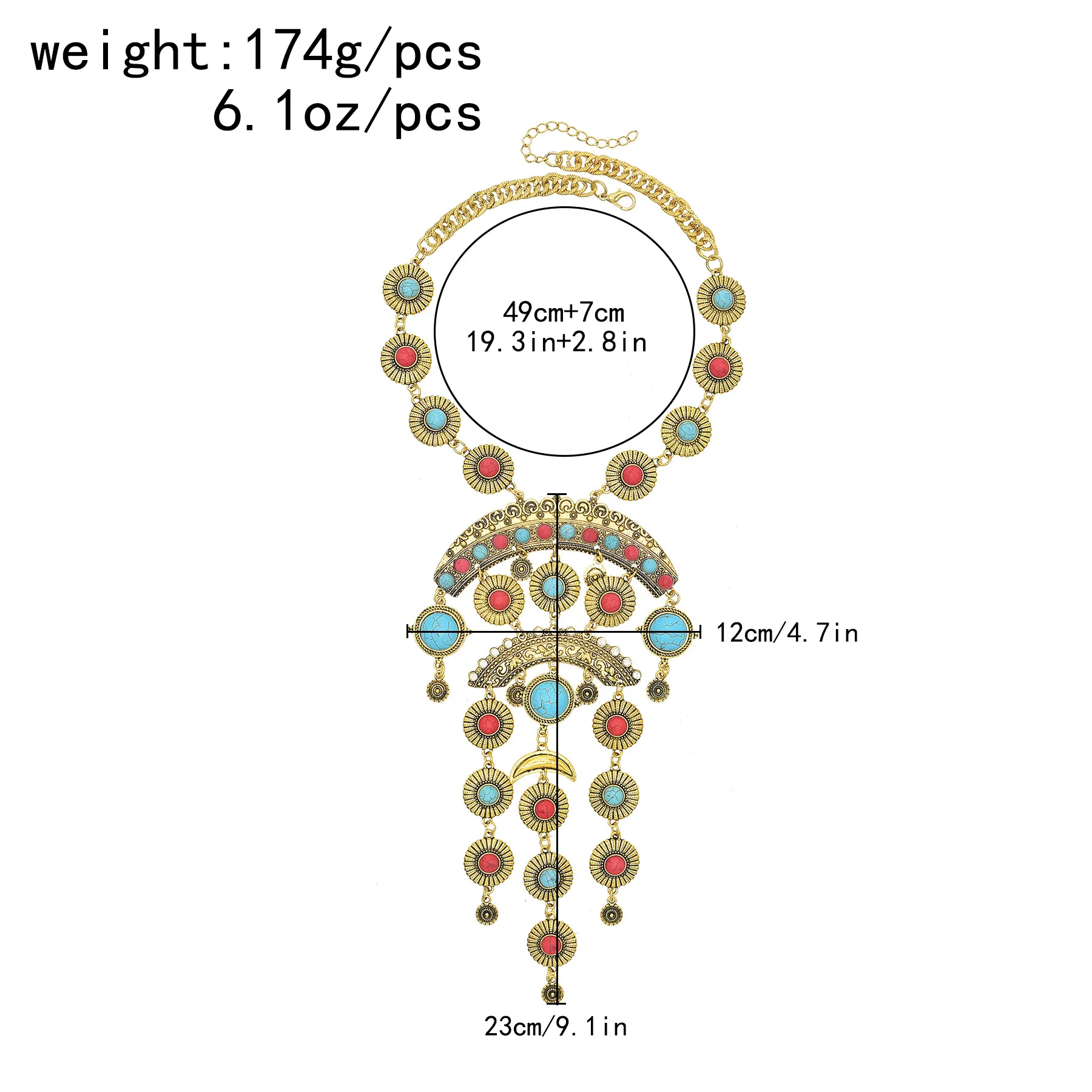 Vintage goldene silbrige Statement-Halskette für Frauen, bunte Strasssteine, lange Ketten, Halsketten, Gypsy, Boho, ethnischer Halsschmuck – Detail 38