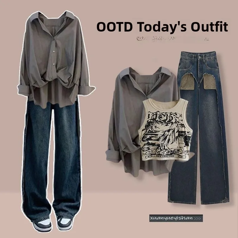 

Комплект для молодых женщин: повседневный корейский костюм из джинсовой ткани (жилет и джинсы с высокой талией) для ранней осени, стройнящий силуэт