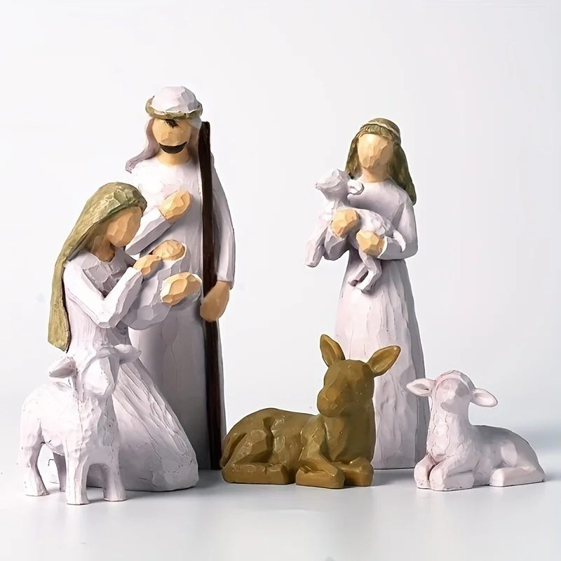 Conjunto de estatuas de Natividad, figura dibujada a mano, lugar de nacimiento, fe, aniversario, Acción de Gracias, Navidad, 6 piezas