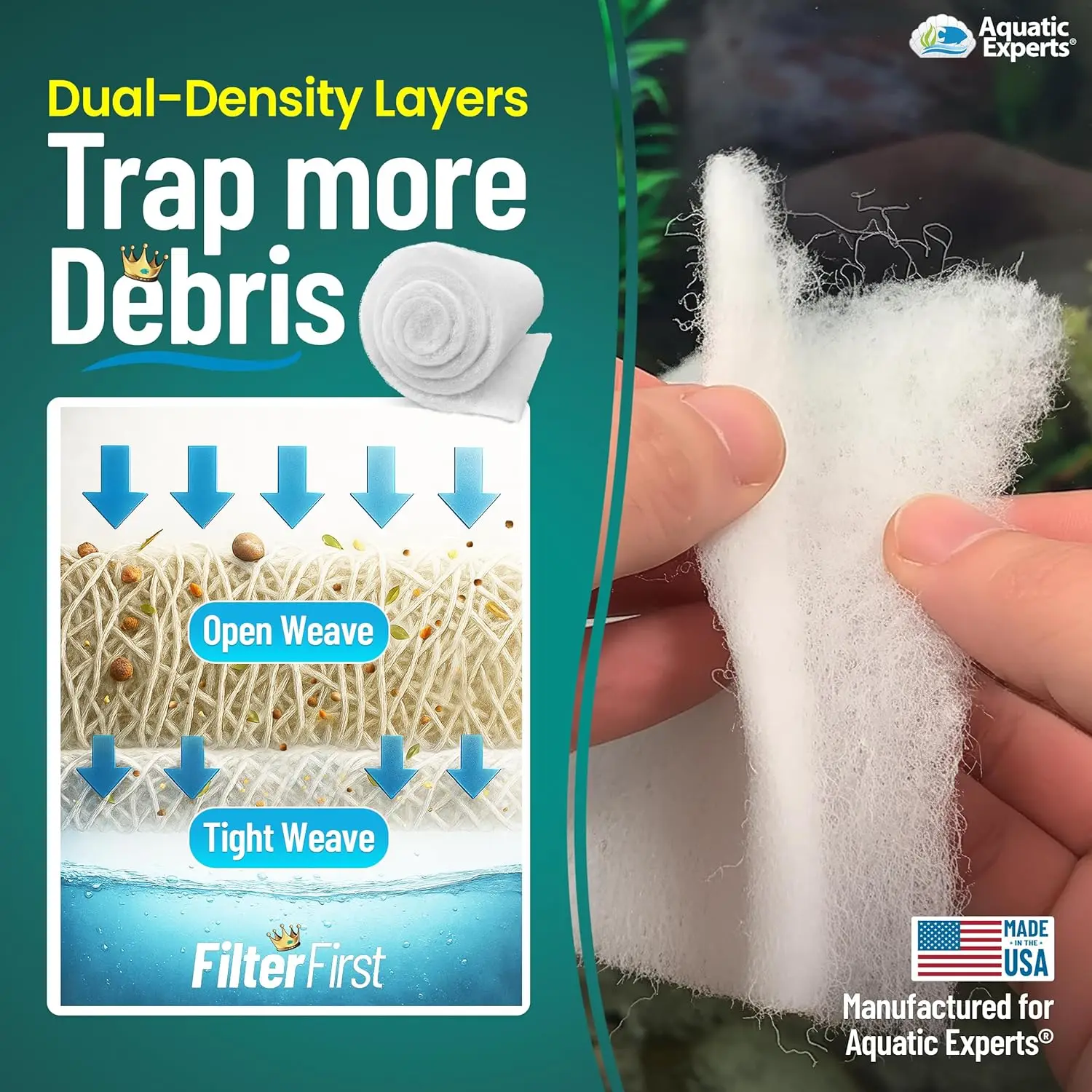 خيط فلتر حوض السمك بسمك 3/4 بوصة إلى 1 بوصة، بعرض 12 بوصة، بطول 24 قدمًا - لفة الوسائط الأولى للمياه الشفافة الكريستالية