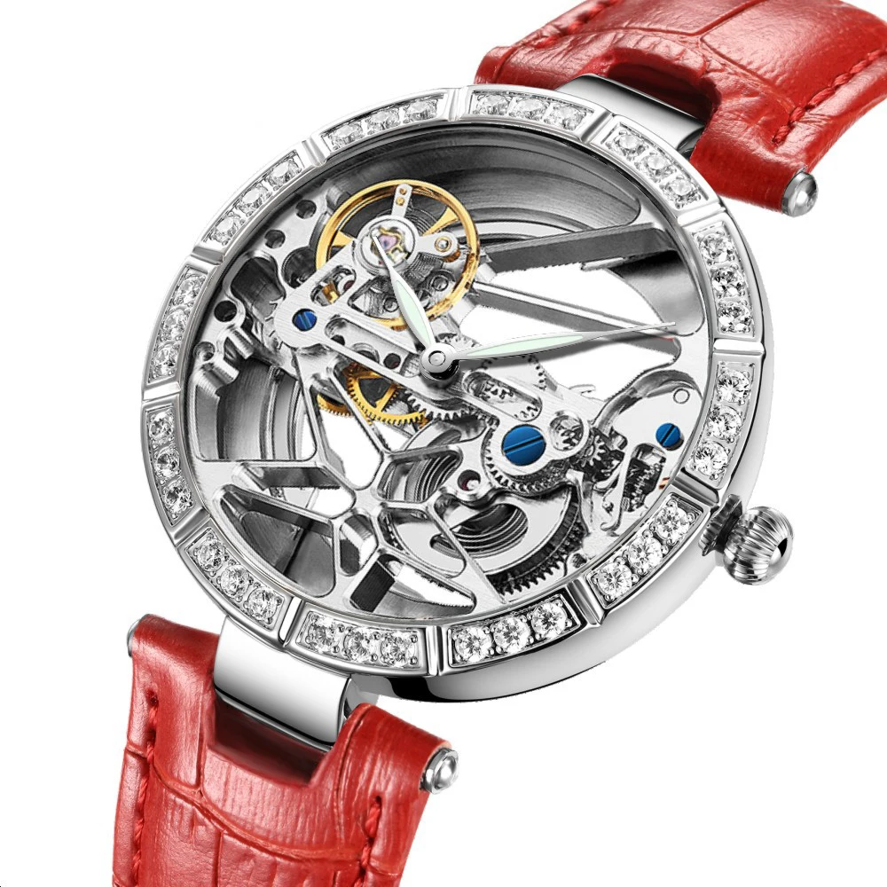 

Luxury Tourbillon Mechanical Women's Watches Diamond Lap Leather Strap Waterproof Luminous Ladies Wristwatch Automatic Watch