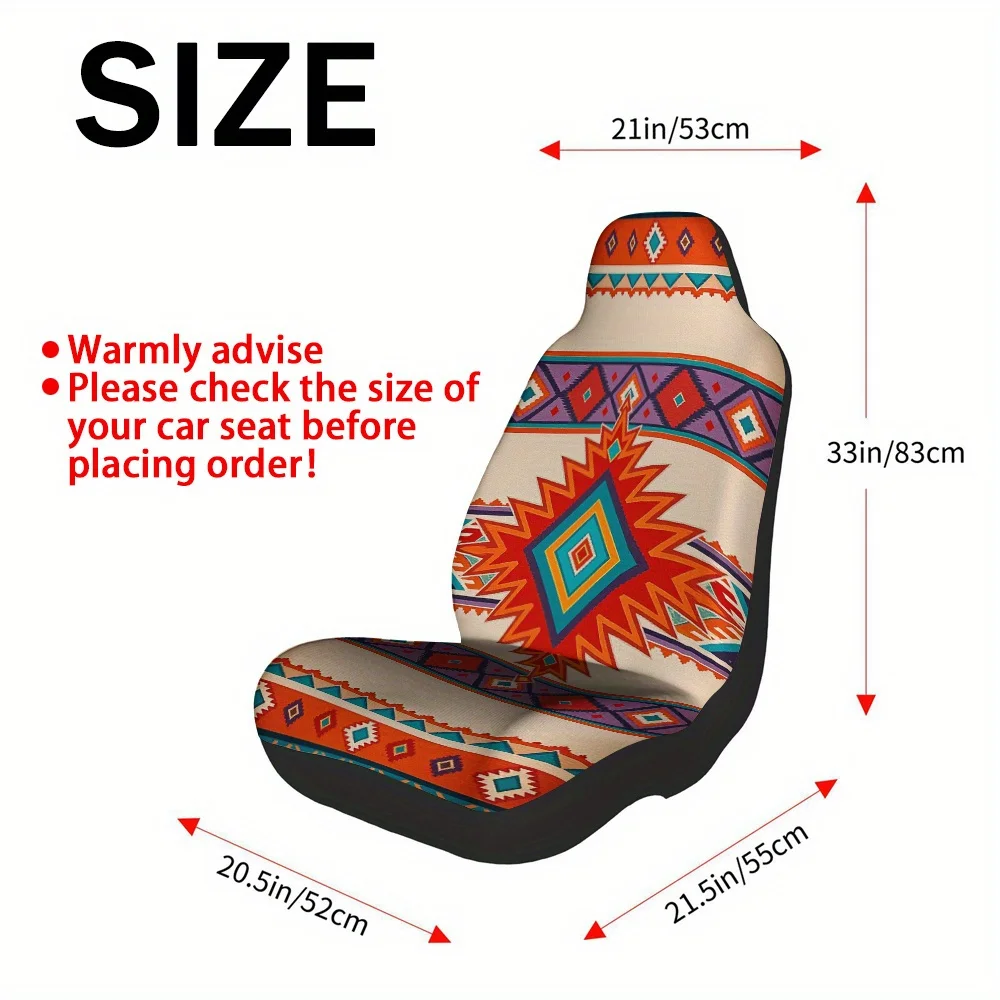 Set Of 2, Colorful Geometric Aztec Tribal Design Front Seat Covers, Ideal For Comfort During Extended Road Trips, A Dependable O