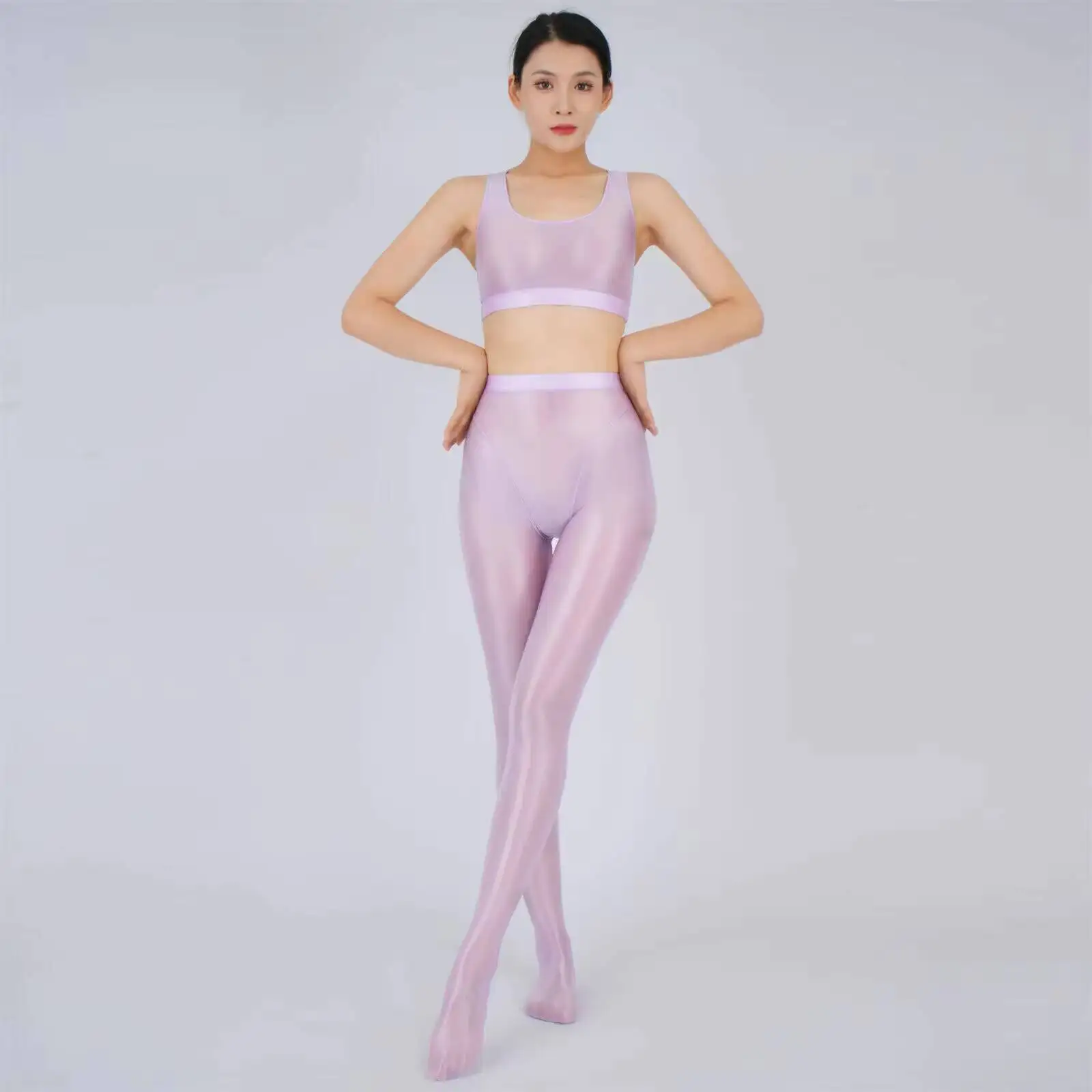 

Glossy See Through Thin Women Tank Top TightsSports Fitness Overall 2 Pieces Sets Jumpsuit