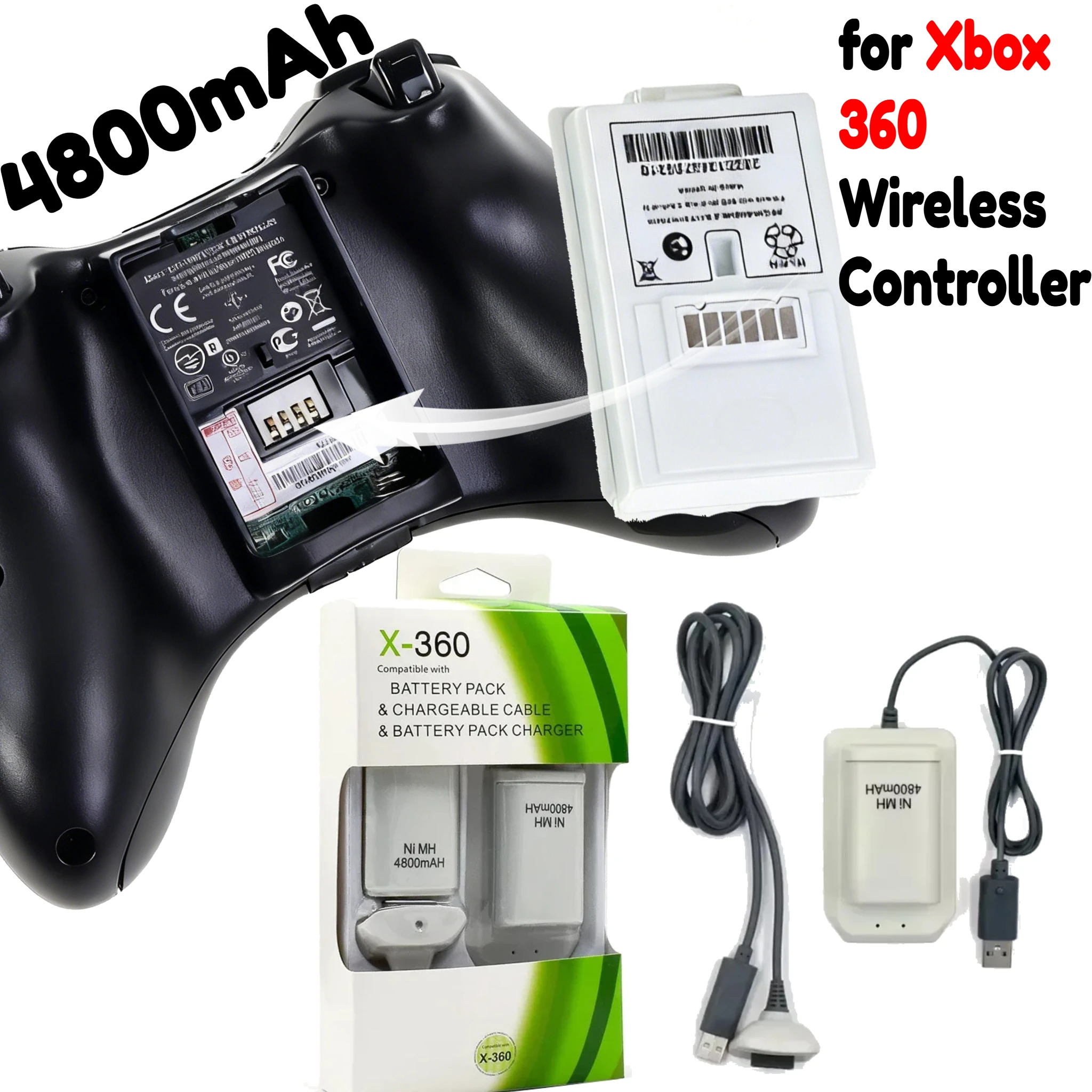 2Pcs 4800mAh Extended Life Rechargeable Battery with Charging Cable & LED Charging Dock for Xbox 360 Wireless Controller
