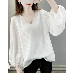 2022 Spring New for Women Elegant V-Neck Mesh Flare Long Sleeve Chiffon Blouse Oversize Loose Striped All-match Casual Solid Top