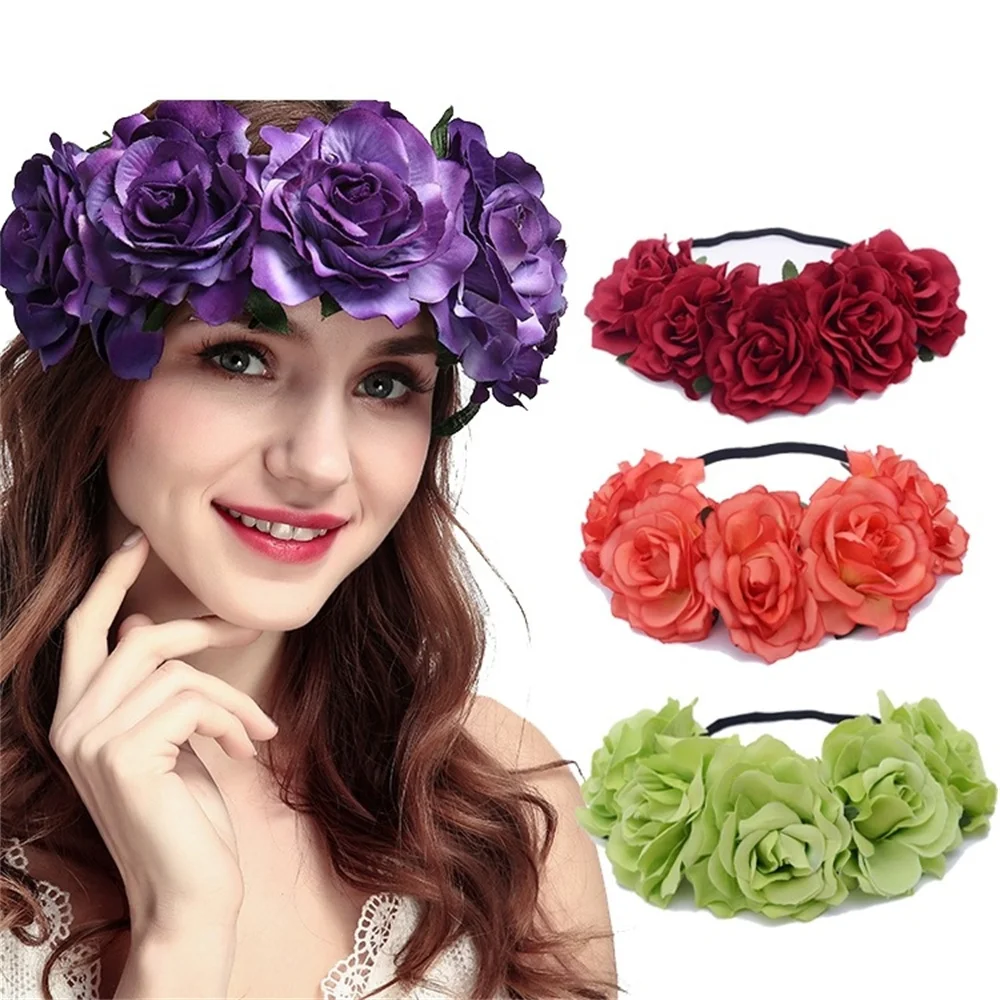 

Women's Wedding Headband Flowers Artificial Rose Flower Crown Elastic Hair Band Bridal Floral Wreath Headdress Hair Accessories