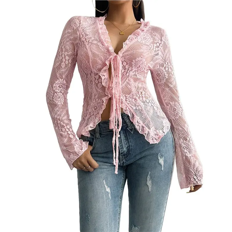 

CYL-Women's V Neck Lace Sheer Top Mesh See Through Shirts Open Front Tie Long Sleeve Blouses Y2k Going Out Tops Pink S