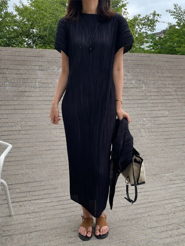 Elegant Chic Fashion Minimalist Draped Loose Slimming Short Sleeve Pleated Dress Two Piece Set Women City Walk Spring Summer ...