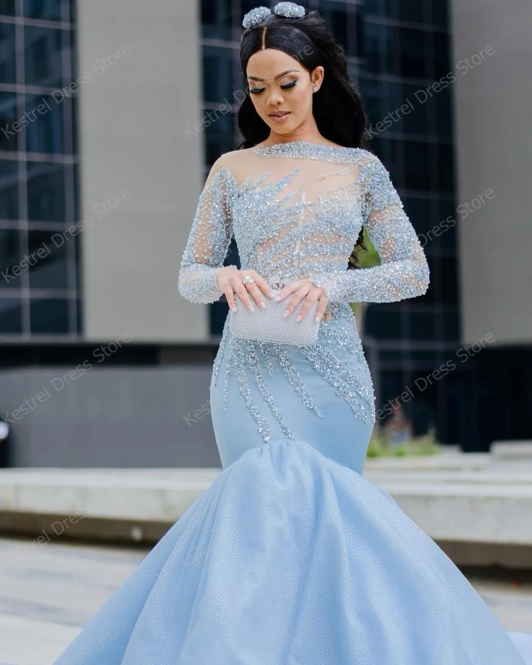 Luksusowe zroszony cekiny dubaj suknie ślubne przezroczysta siateczka z pełnym rękawem formalna suknia wieczorowa błękitny długi satynowy Mermaid Bridal Dresse