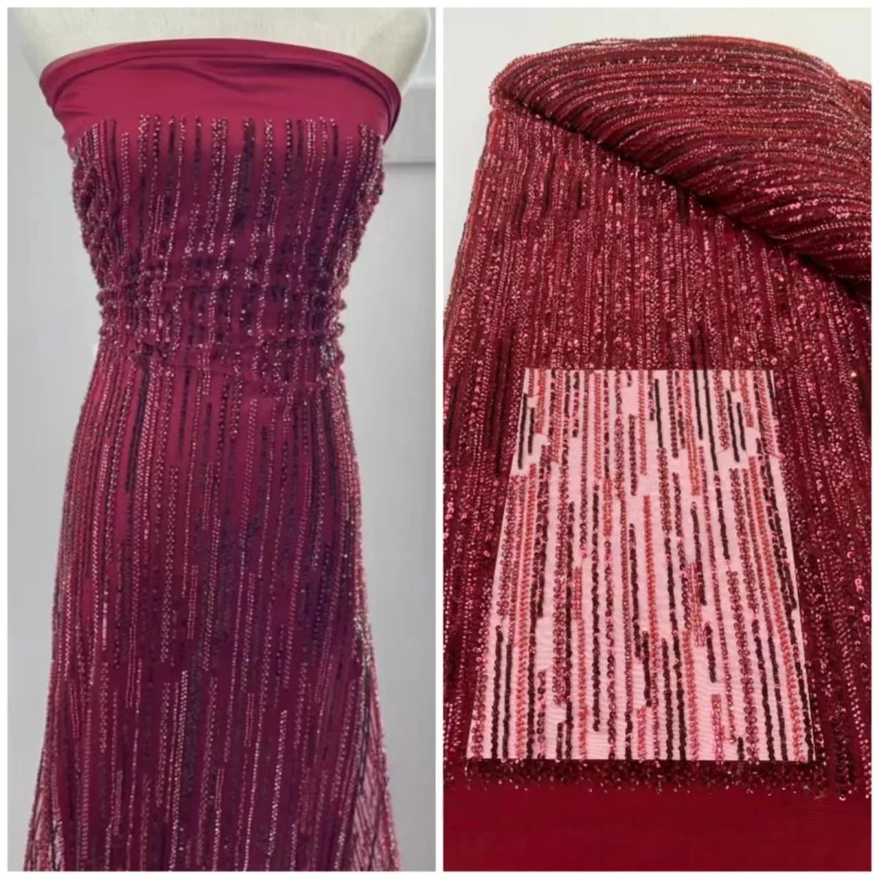 

Dense Mesh Sequin Striped Beads Fabric Glitter Material Fashion Evening Dresses Apparel Costume Design Textile