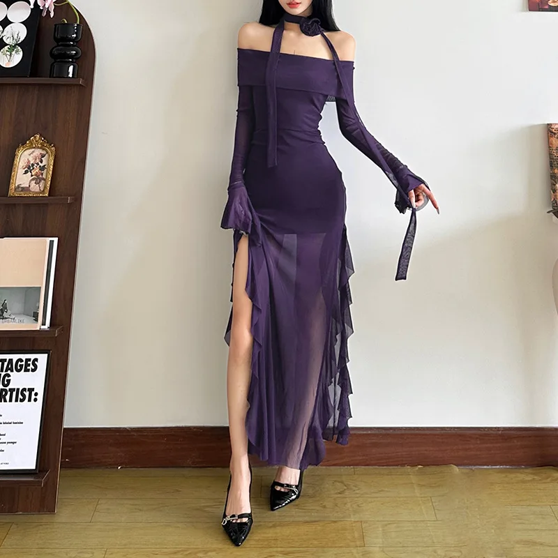 

Elegant Ruffle Edge Maxi Dress Slim Fit Backless Flower Lace Up Robes Flare Sleeve Evening Vestidos Lady Vacation Gowns Y2k 원피스