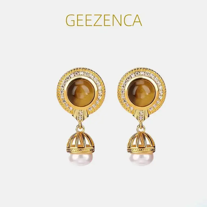 

GEEZENCA 925 Sterling Silver Tiger's Eye Stone Pearl Dangle Earrings For Women Clearance Limited Stock First Come First Get