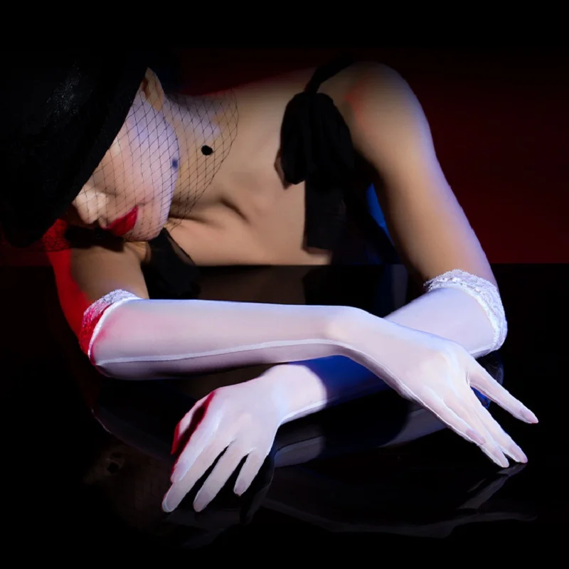 Sexy Lace Cuffs Long Glove Oil Glossy Silky smooth Glove Elastic Sheer Thin Wedding Sunscreen Driving Dance Gloves for Women