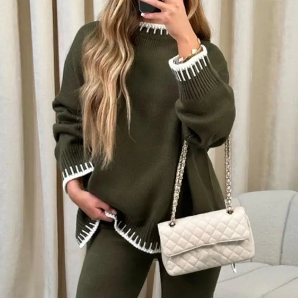 2 Pcs/Set Winter Women Sweater Pants Set Loose O Neck Long Sleeves Sweater Wide Leg Trousers Outfit Lady Homewear