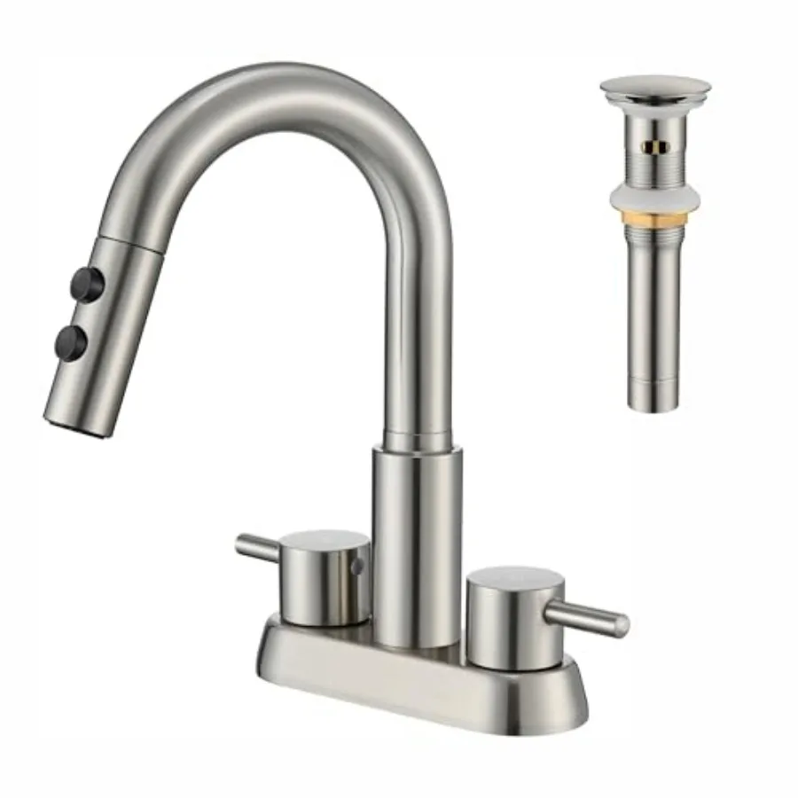 

Bathroom Faucet with Pull Down Sprayer 3 Holes Brushed Nickel 4 inch 2 Handles Centerset Laundry Bar Basin Pull Out Bathroom Si
