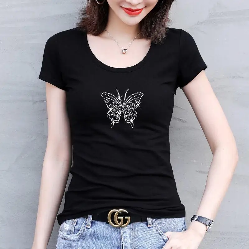 High Quality 95 Cotton Slim Girl Summer Y2k Clothing Short Sleeve Hot Drill Rose T Shirt Woman Fashion Small Waist Stylish Tops