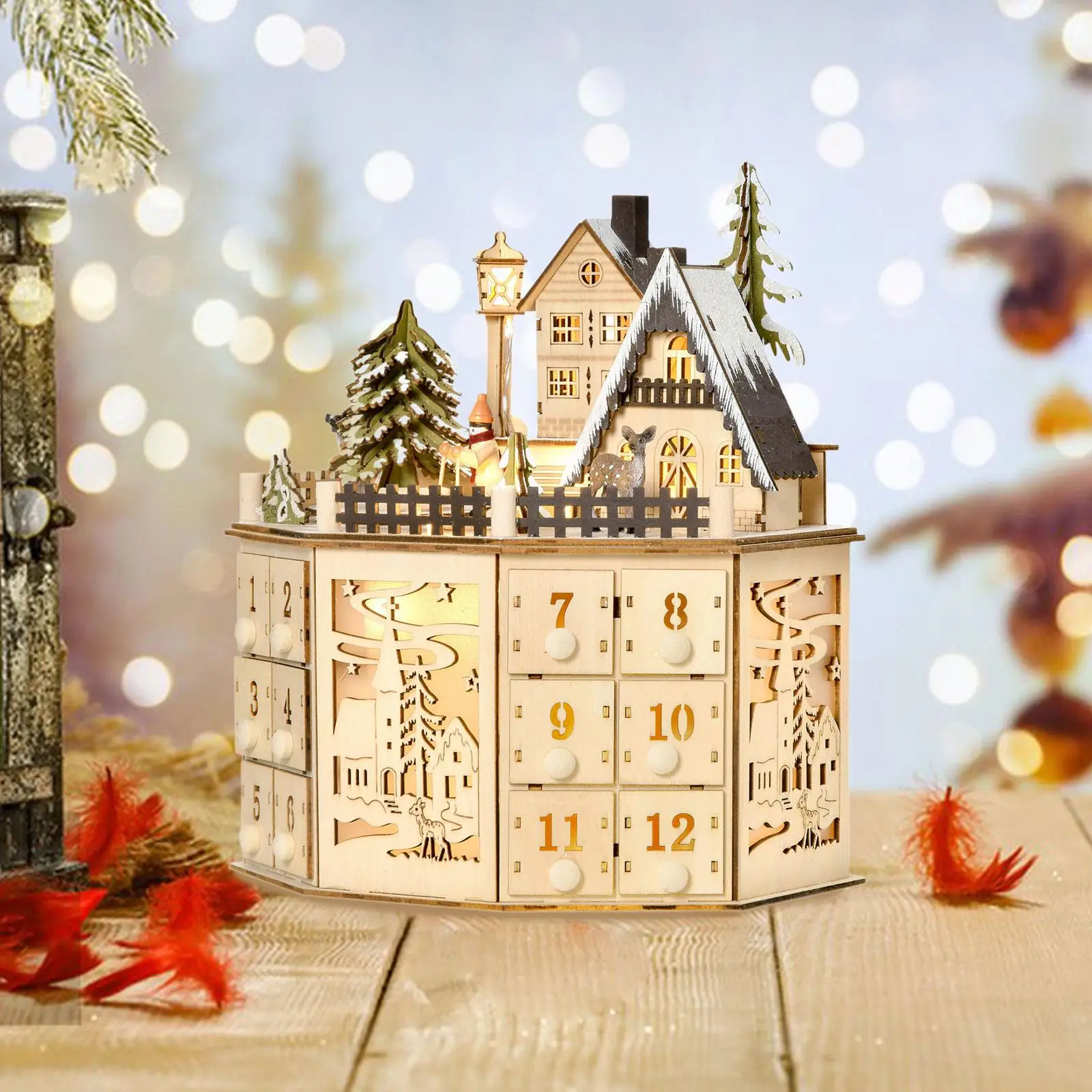 

Складной деревянный дом-календарь Адвент с 24 ящиками, светодиодными фонарями для рождественских подарков и домашнего декора