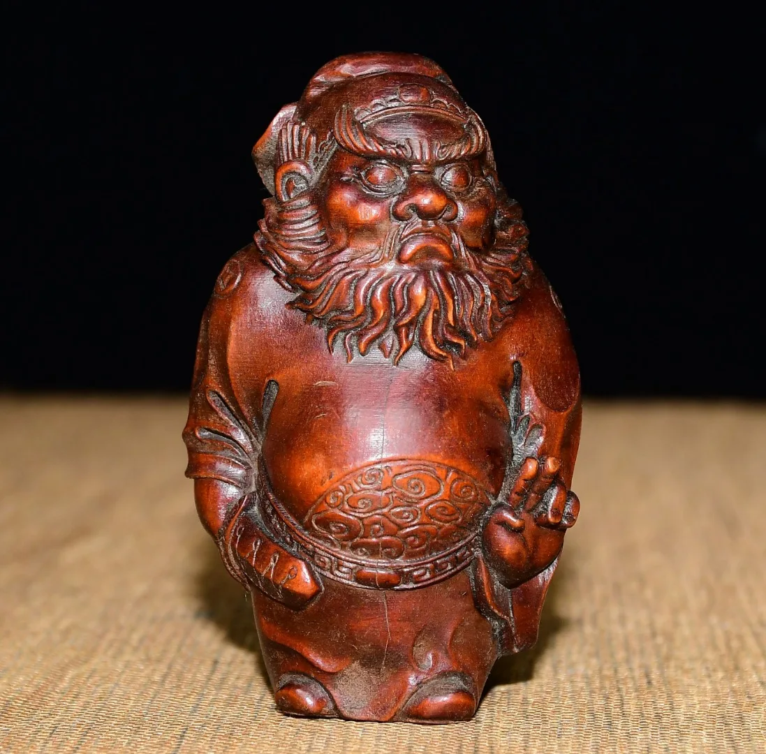 

3"Tibetan Temple Collection Old Boxwood Exorcist Celestial Master Zhong Kui Immortal Statue Handheld components Town house