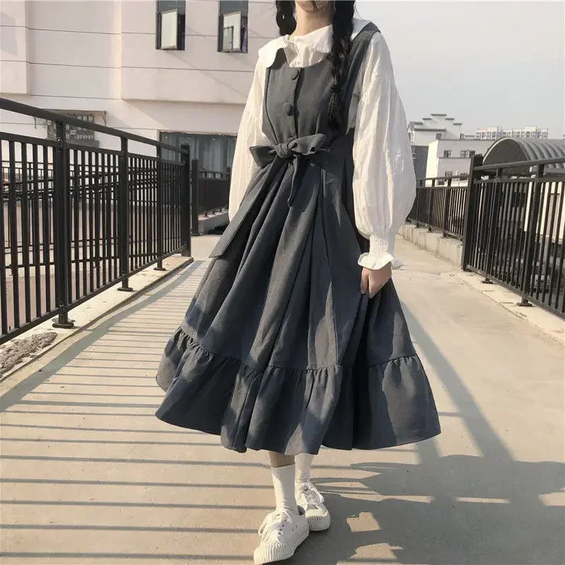 Letnie sukienki Maxi koszule dla kobiet Casual Kawaii wróżka ubrania z długim rękawem sukienka na ramiączkach Lolita Harajuku Cottagecore szata