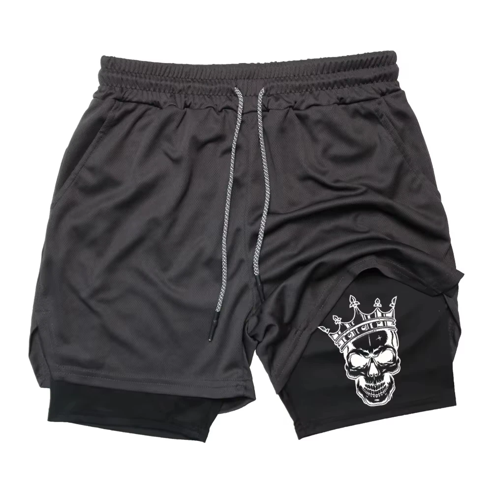 2025 Neue Herren-Fitness-Training Skinny-Shorts mit Dämonenmuster, Sommer, 2-in-1, schnell trocknend, für Fitnessstudio, Strand, Jogging-Shorts, Outdoor-Sportbekleidung