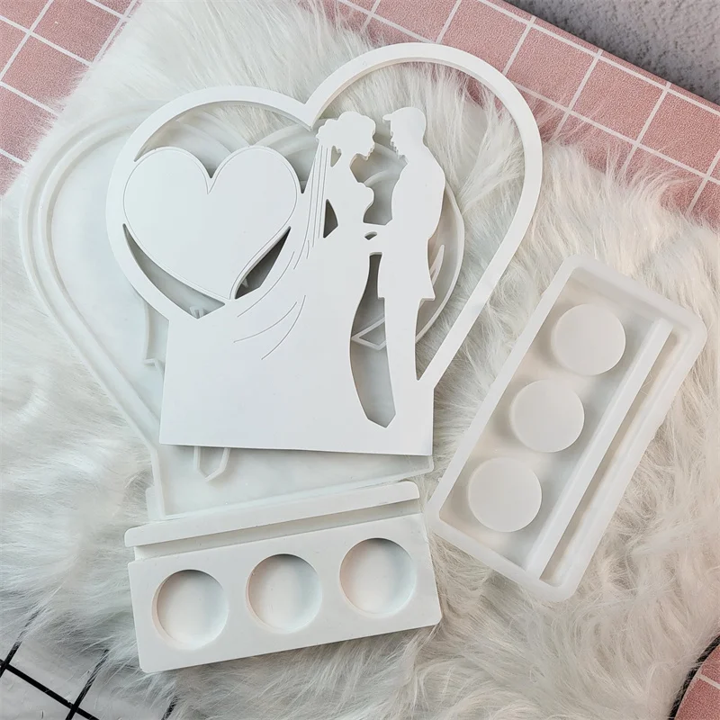 Silicone Mold Candle Holder, DIY Casamento Amor Inserções, gesso, Desktop Ornamento, Resina Epóxi, Casal Decoração Home, Armazenamento