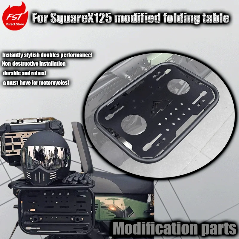 For SquareX125 modified folding table with quick release and flip-up rear shelf and side bracket.