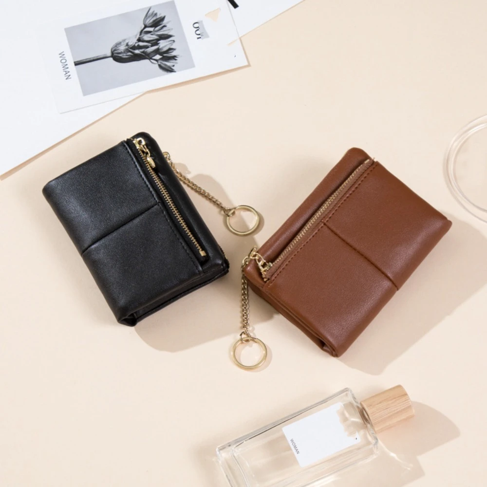 Simple PU Mini Card Bag Zipper Causal Double Short Clutch Bag Card Pocket Solid Color Card Holder Outdoor