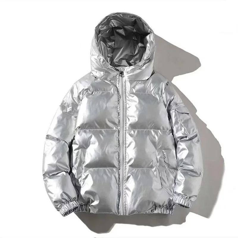 Streetwear Fashion Bright Silver Puffer Jackets for Men Thicken Winter Mens Coats Casual Hooded Cotton Wadded Heated Jacket Men