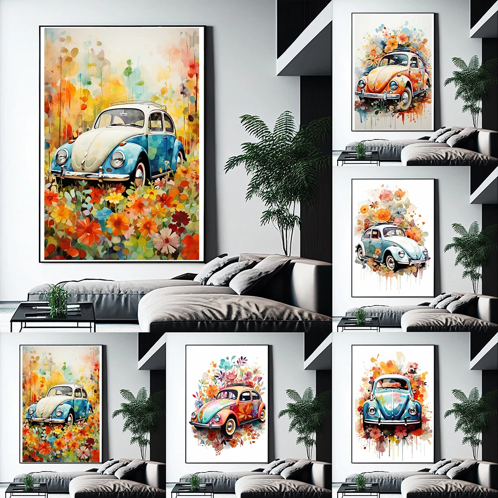 

Classic Vintage Floral Car Poster And Print Boho Vehicle Watercolor Canvas Painting Supercar Graffiti Wall Art Home Room Decor