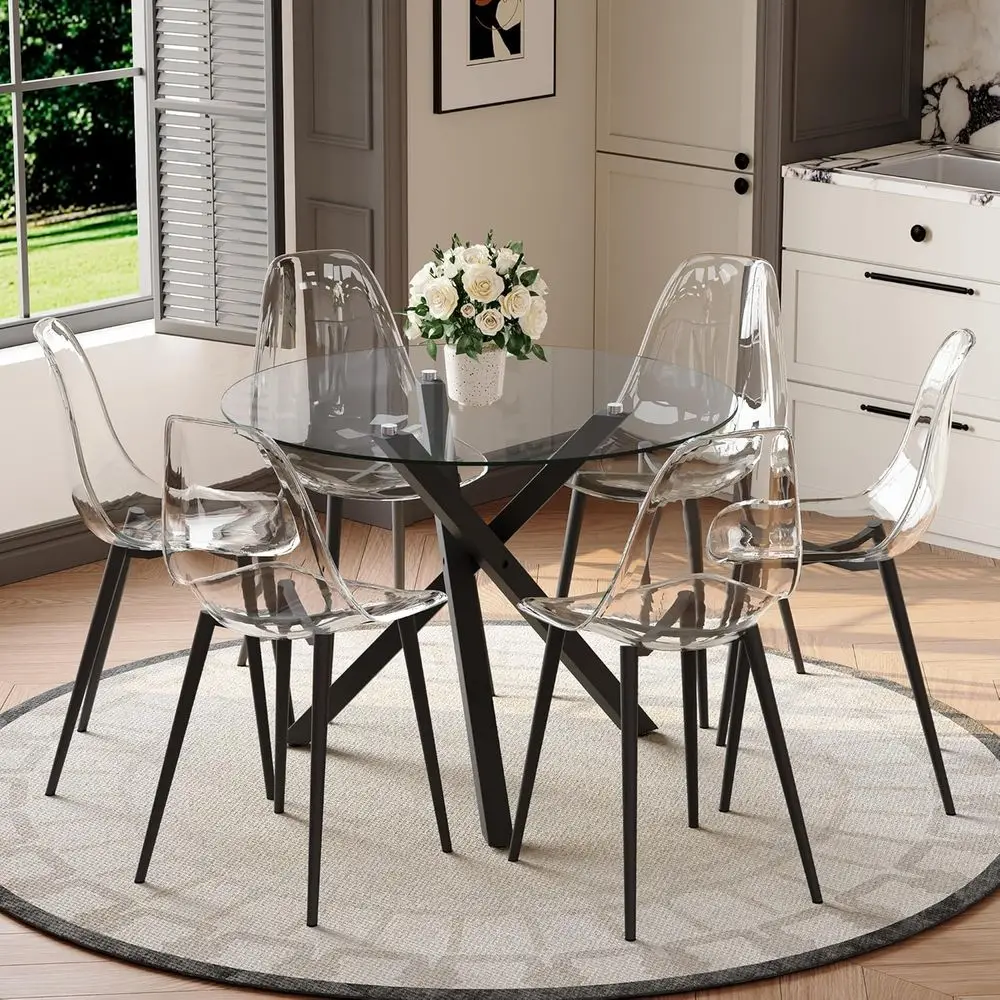 

6-Seat Glass Top Dining Set with Black Metal X-Base and Acrylic Chairs for Space-Efficient Kitchen and Dining Area