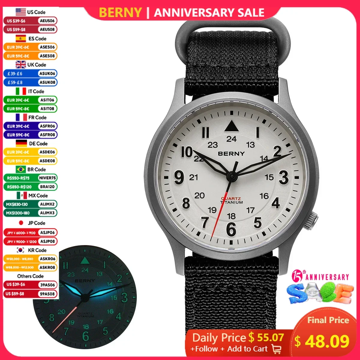 BERNY montres en titane pour hommes montre de pilote de terrain classique pour hommes montre-bracelet à Quartz extérieure facile à lire saphir Super lumineux 5ATM