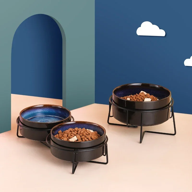 

Double Cat Food Bowls with Iron Stand Starry Pet Feeding Bowl Small Puppy Dog Water Eat Accessories Cats Protect Cervical Spine