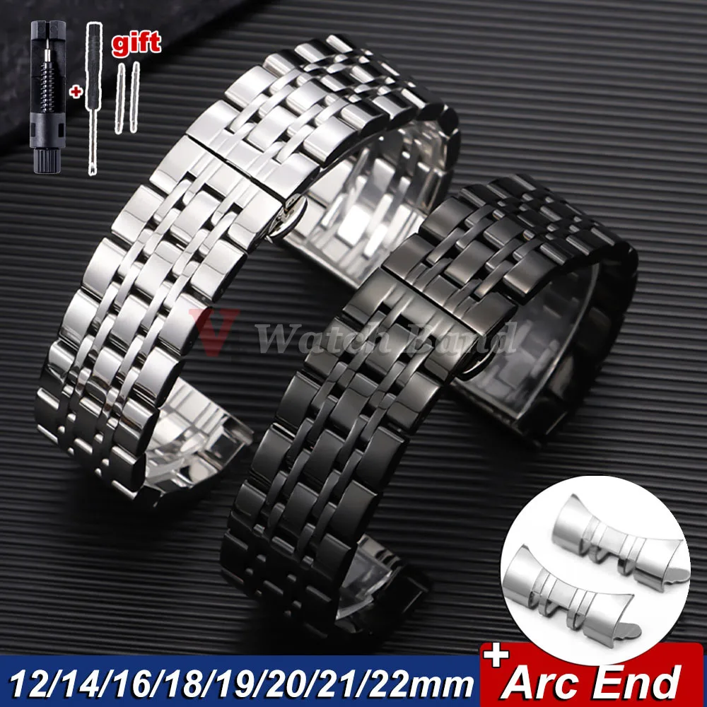 Neues Gebogenes Edelstahl-Armband 18mm 20mm 22mm Universelles Armband 12/14/16/19/21mm Smartwatch-Armband mit Schmetterlingsverschluss