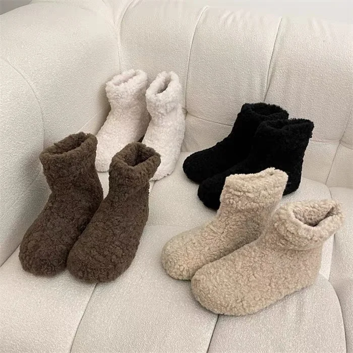 

Thickened Fleece Short Snow Boots Women's Winter Warm Lamb Fur Cotton Boots Anti-slip Flat Bottom Short Tube Fur Boots