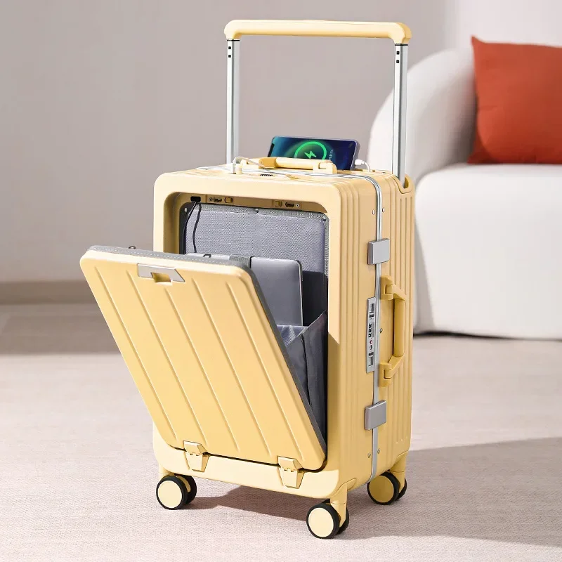 20 24 26 Inch Trolley Suitcase Luggage Universal Wheels Front Open Business Travel Rechargeable Boarding Aluminum Frame Box