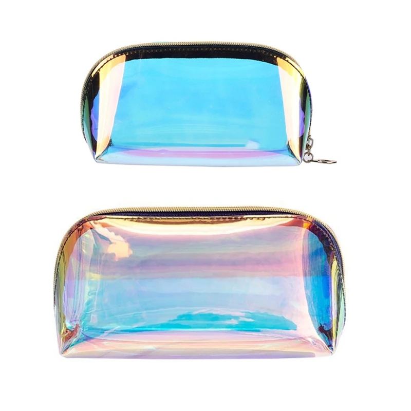 Makeup Bag Travel Portable Rainbow Iridescent Cosmetic Zippered Waterproof Clear Toiletries